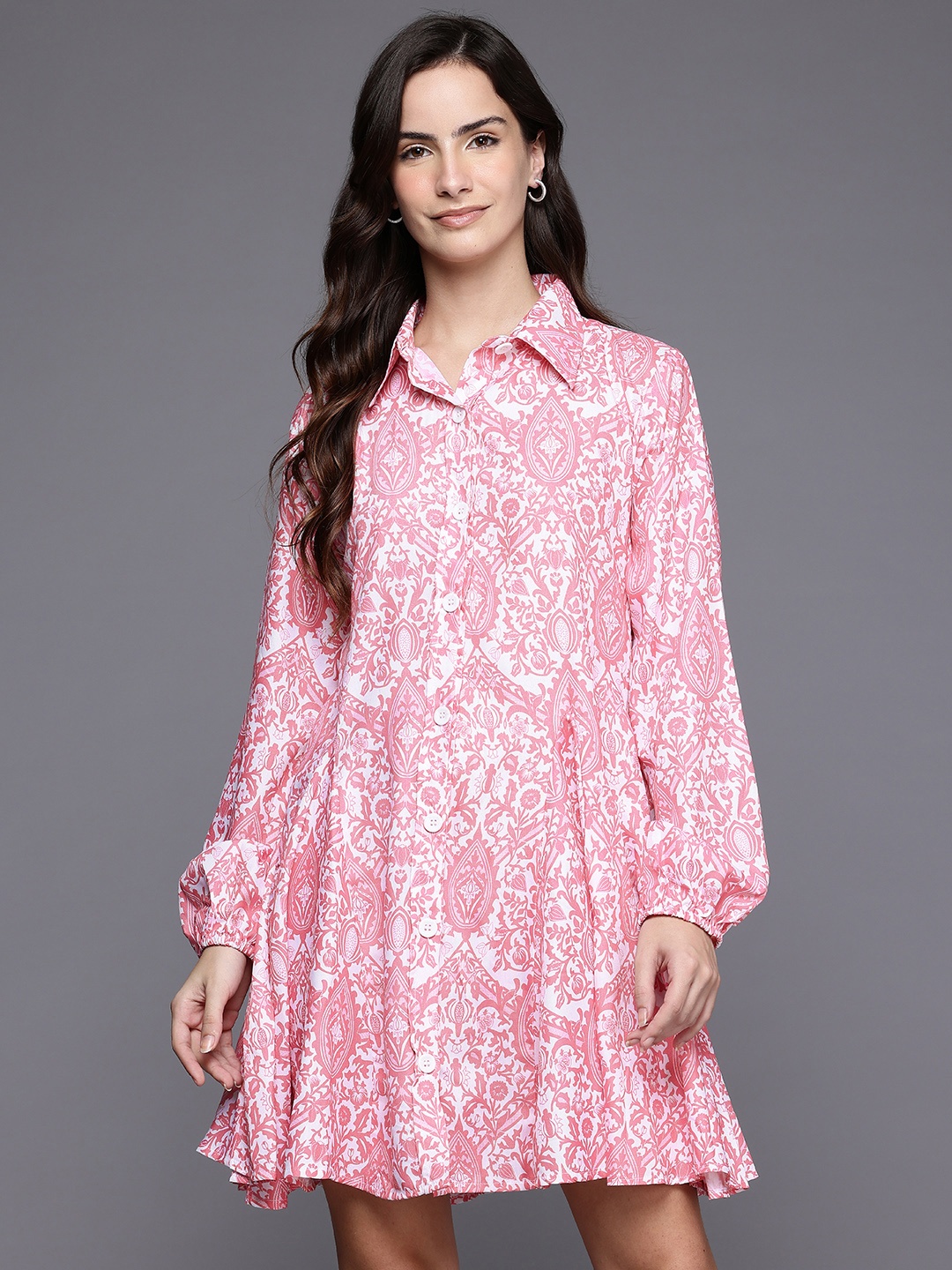 

Ironic Creation Floral Print Shirt Style Mini Dress, Pink