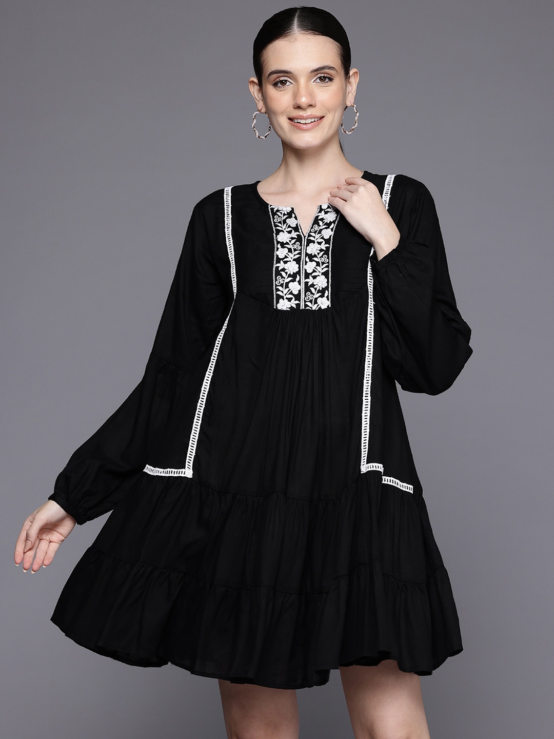 

Ironic Creation Floral Embroidered A-Line Mini Dress, Black