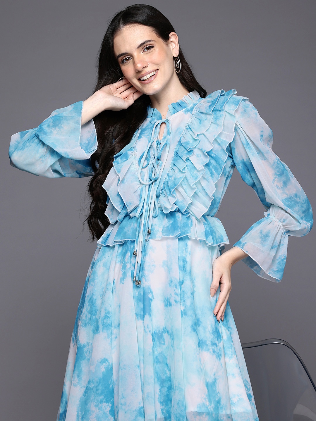 

Ironic Creation Tie and Dye Print Tie-Up Neck Fit & Flare Dress, Blue