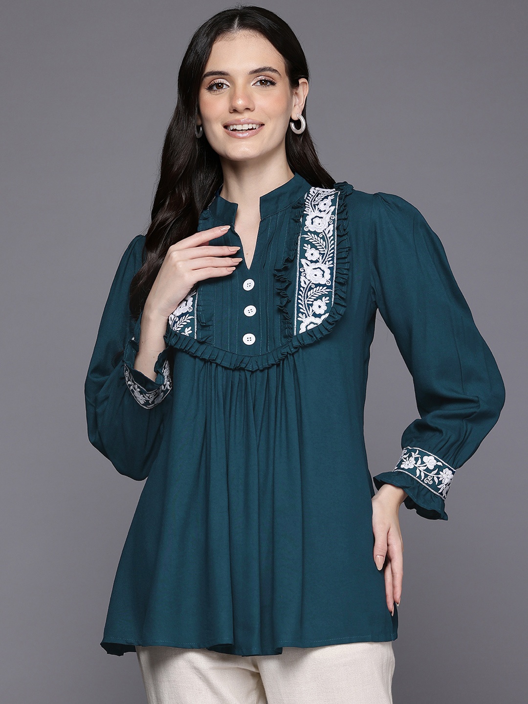 

Ironic Creation Embroidered Ruffles Top, Teal