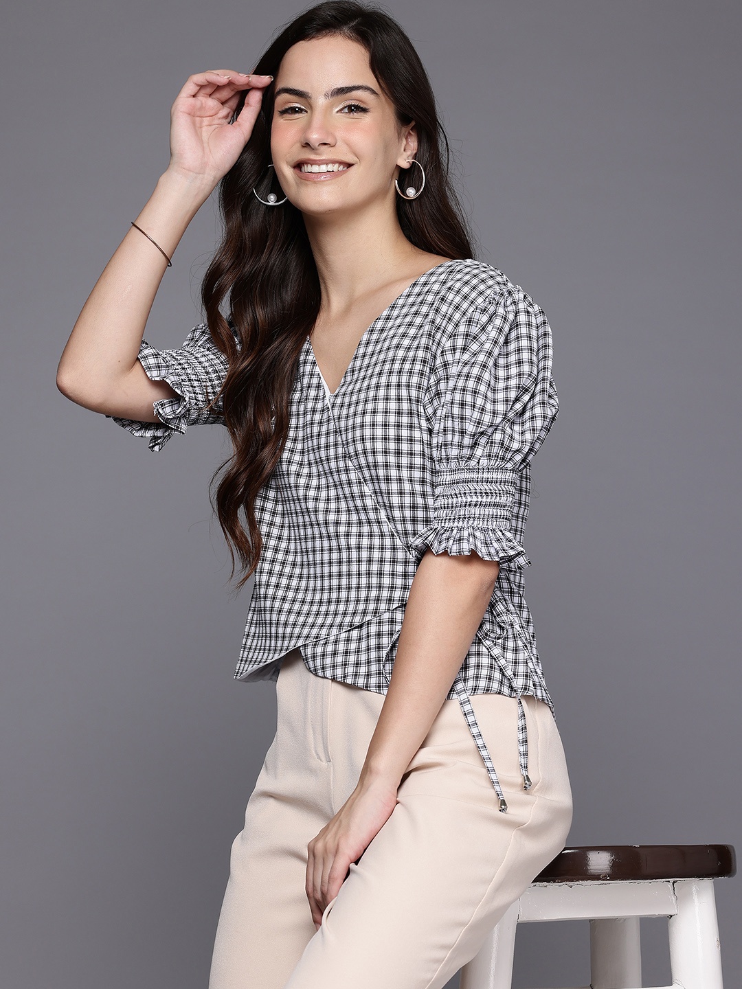 

Ironic Creation Checked Wrap Top, Black