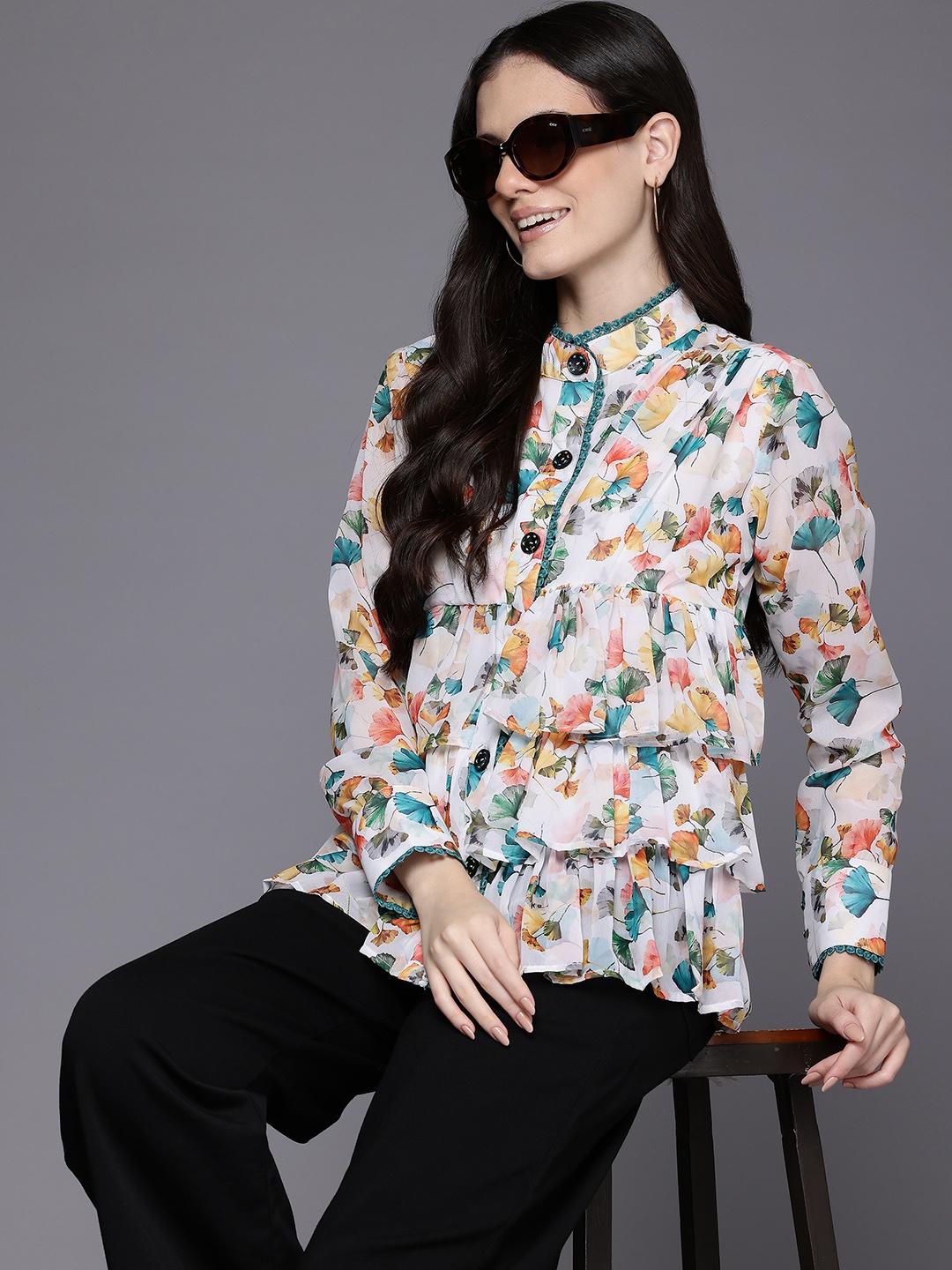 

Ironic Creation Floral Printed Layered Shirt Style Top, White