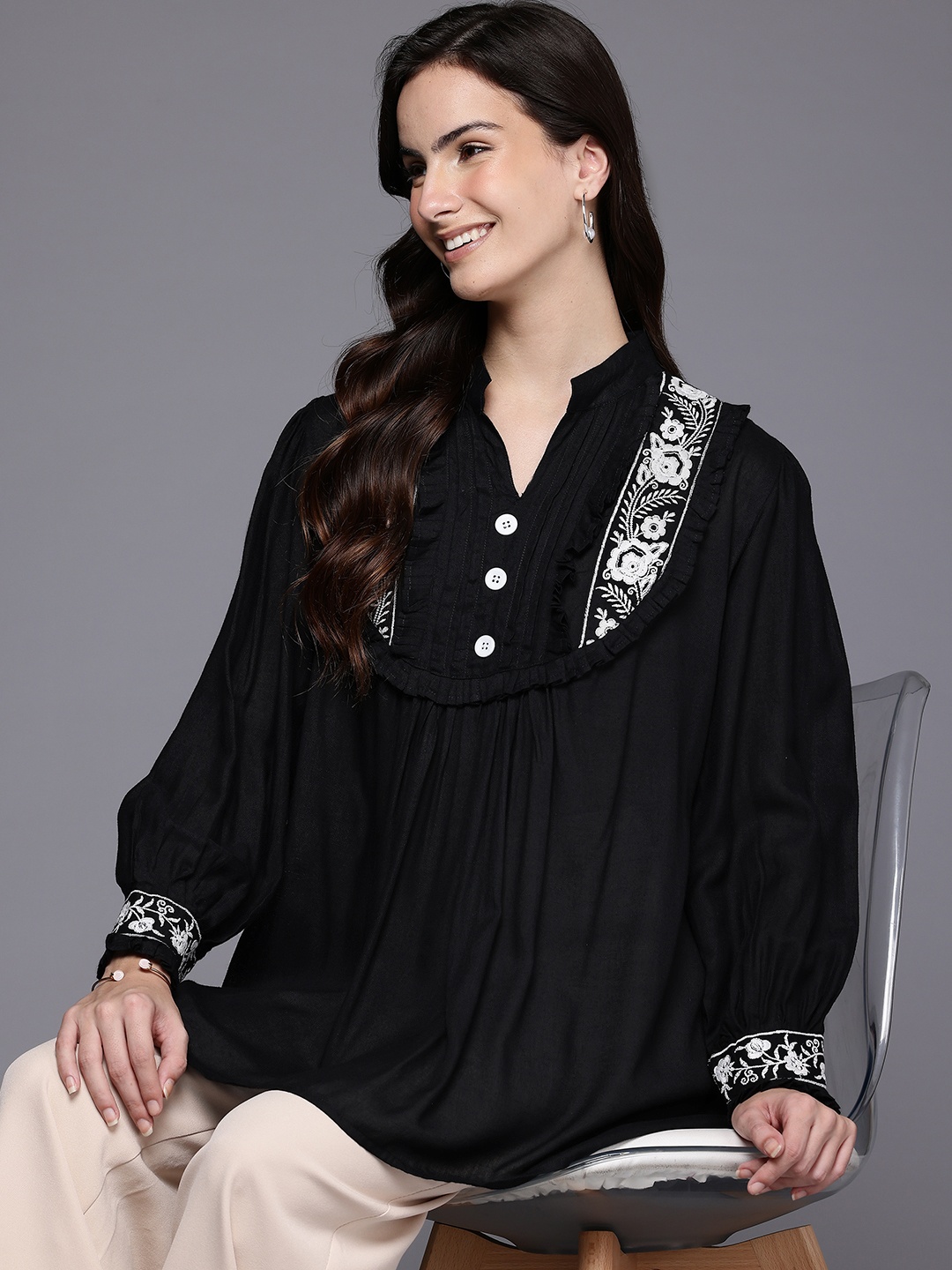 

Ironic Creation Embroidered Ruffles Top, Black