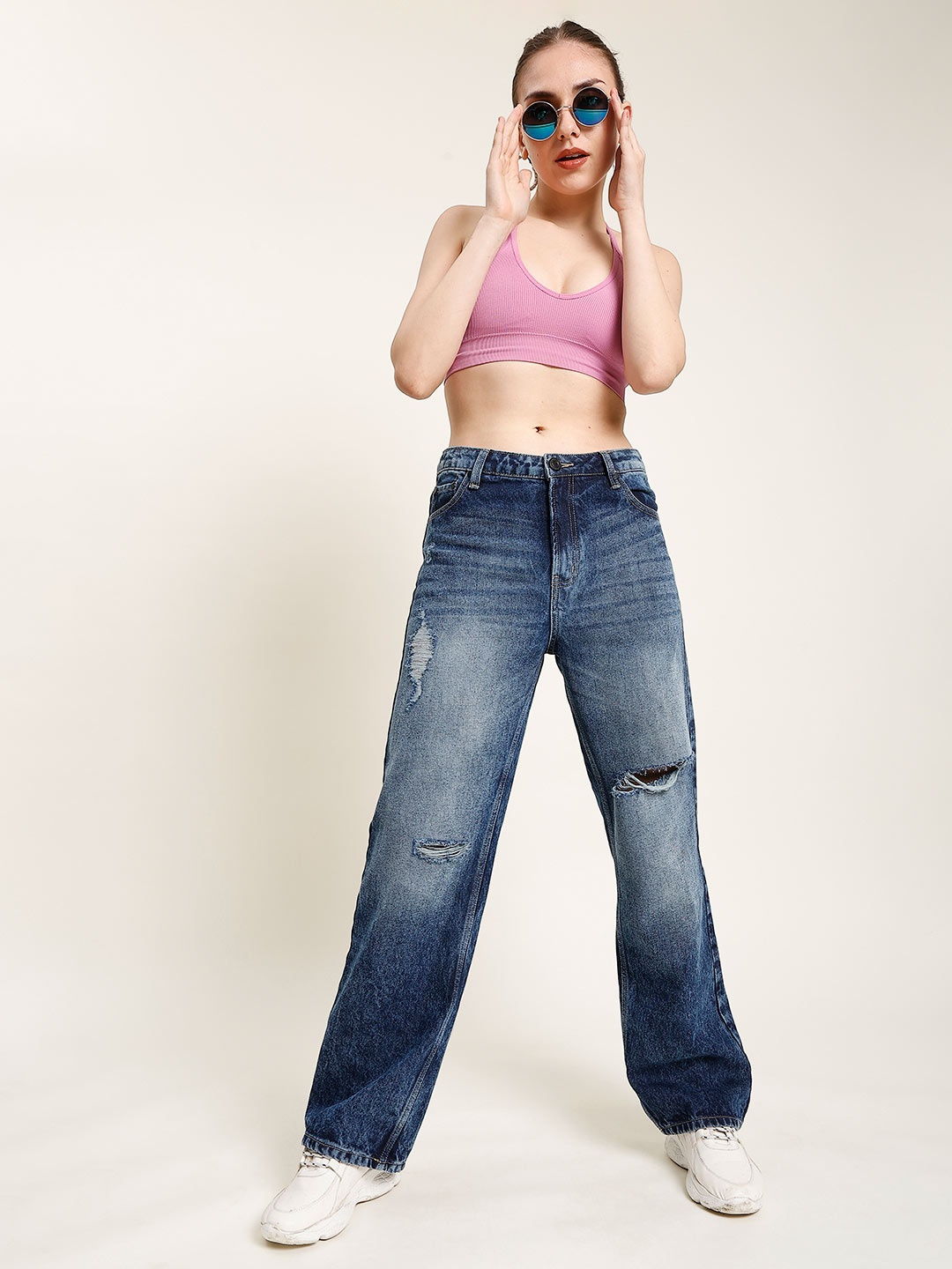

Bene Kleed Women Straight Fit High-Rise Slash Knee Medium Fade Jeans, Blue