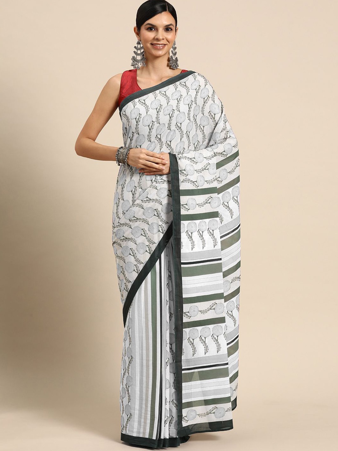 

BUTA BUTI Floral Printed Pure Cotton Saree, White