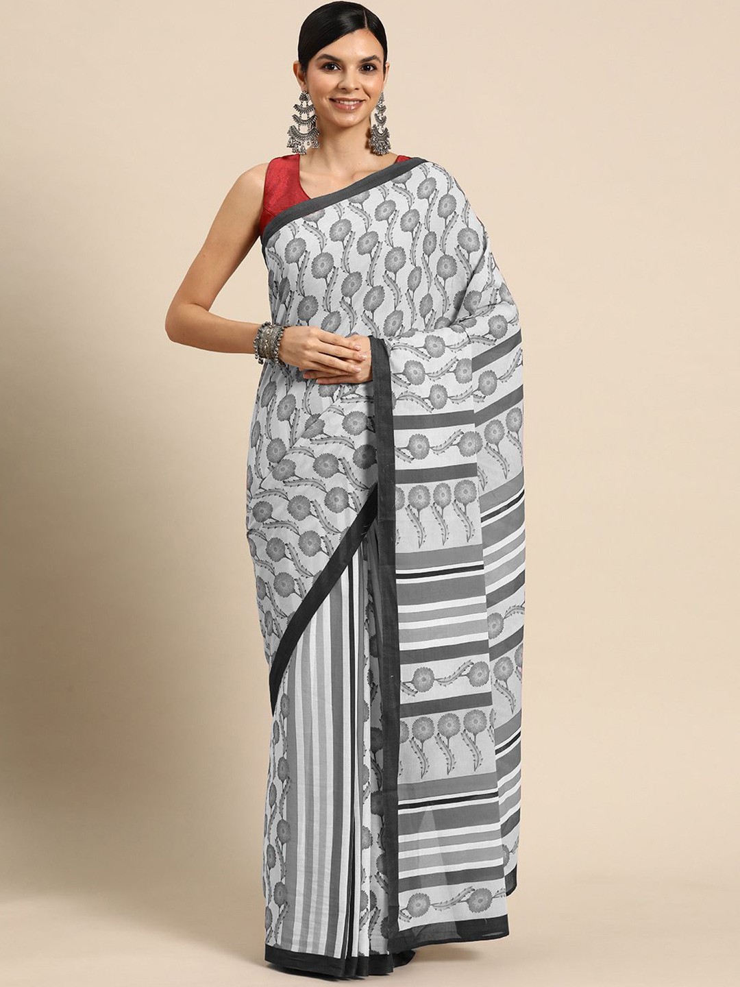 

BUTA BUTI Floral Printed Cotton Saree, Grey