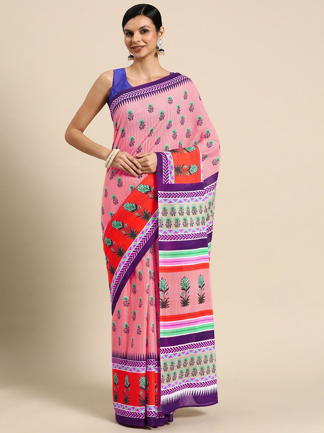 

BUTA BUTI Floral Printed Cotton Saree, Red
