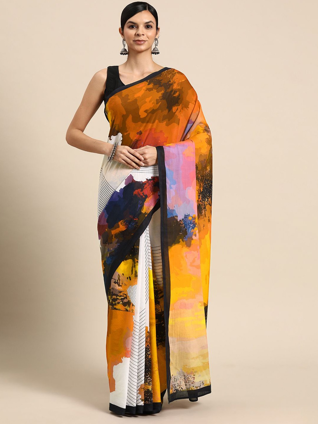 

BUTA BUTI Abstract Printed Cotton Saree, Yellow