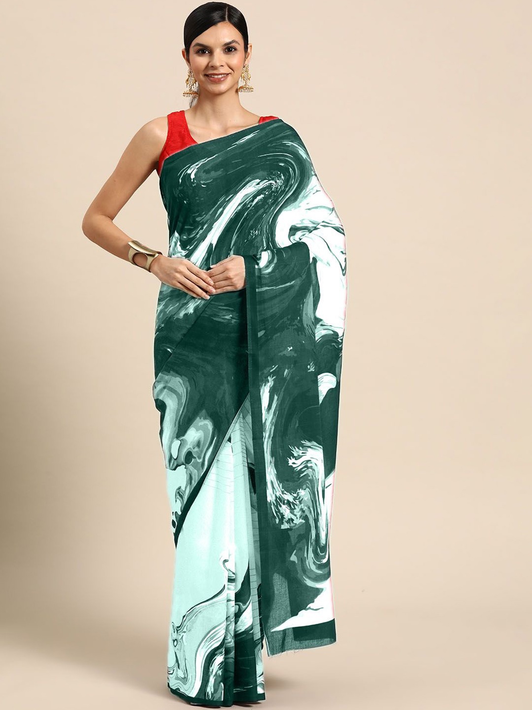 

BUTA BUTI Abstract Printed Cotton Saree, Sea green