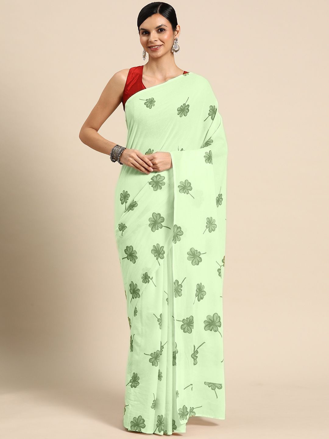 

BUTA BUTI Floral Printed Pure Cotton Saree, Green