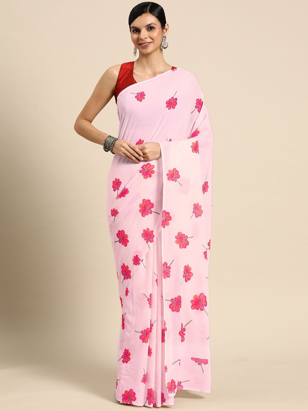 

BUTA BUTI Floral Pure Cotton Saree, Pink