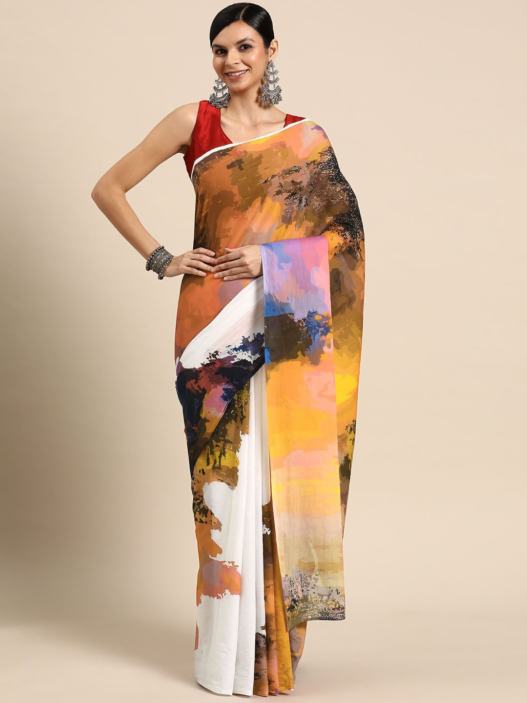 

BUTA BUTI Abstract Printed Cotton Saree, Mustard