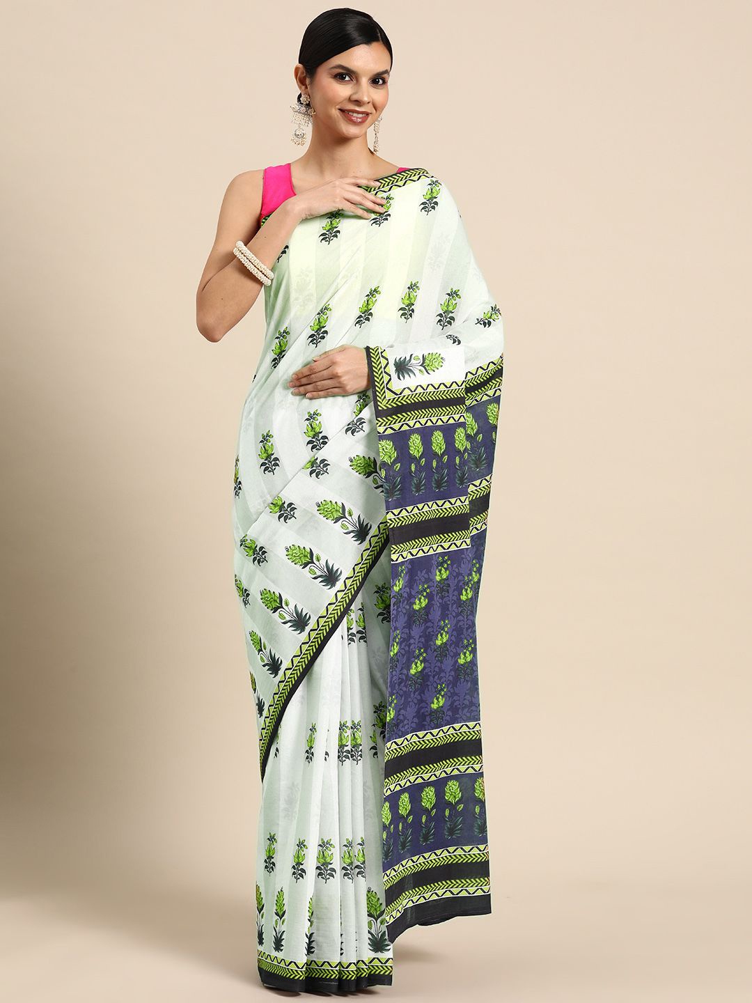 

BUTA BUTI Floral Pure Cotton Saree, Green