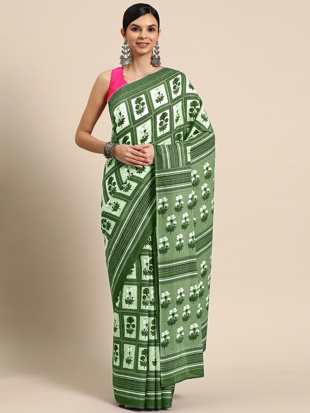 

BUTA BUTI Floral Pure Cotton Saree, Green