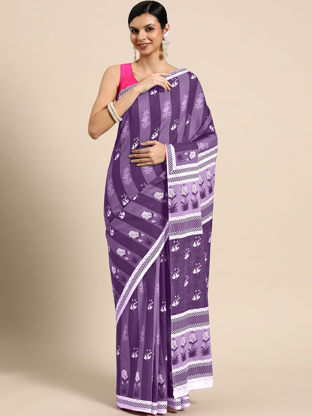 

BUTA BUTI Floral Printed Cotton Saree, Lavender