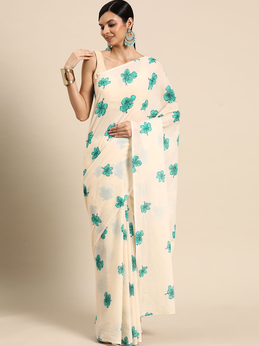 

BUTA BUTI Floral Pure Cotton Saree, Beige