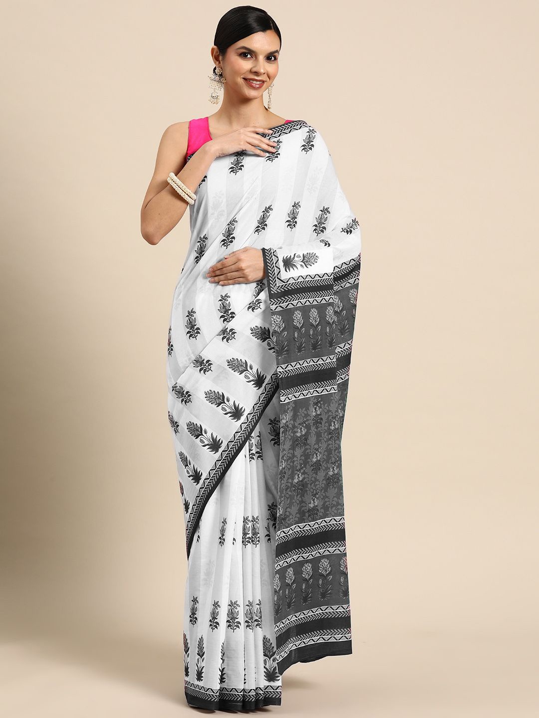 

BUTA BUTI Floral Printed Cotton Saree, White
