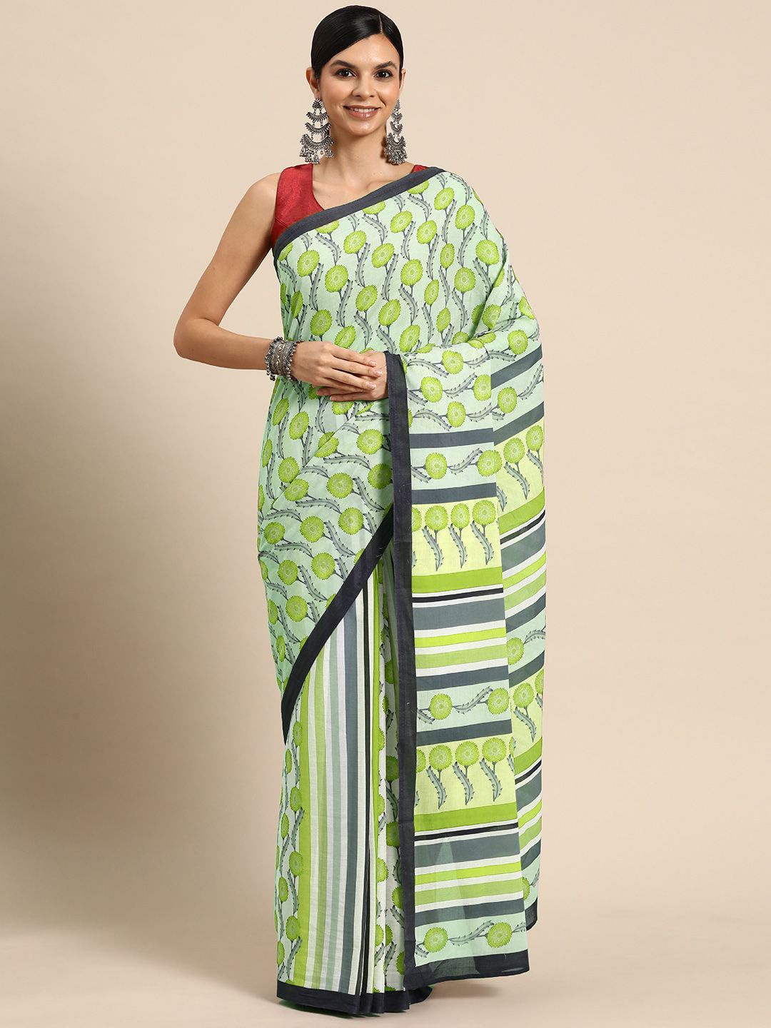 

BUTA BUTI Floral Pure Cotton Printed Saree, Green