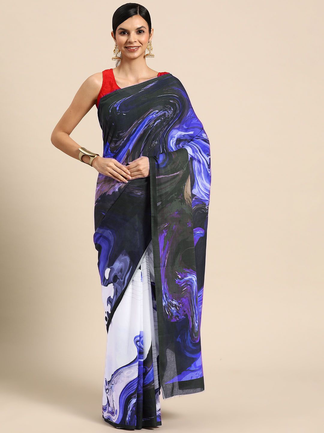 

BUTA BUTI Abstract Printed Cotton Saree, Blue