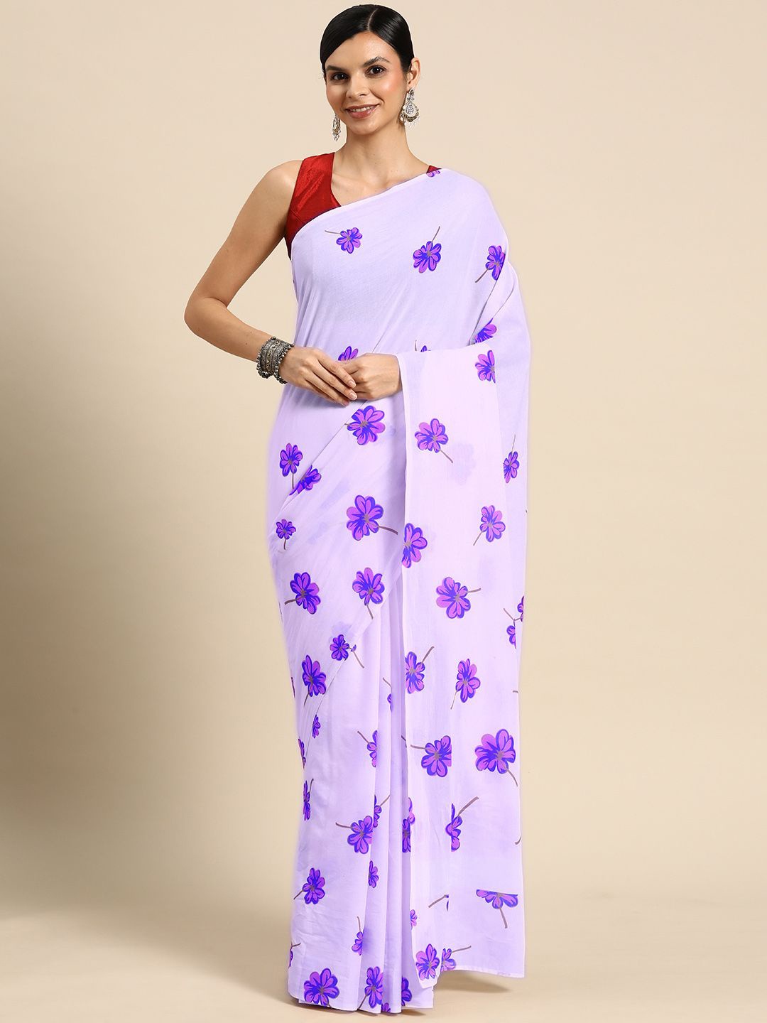 

BUTA BUTI Floral Pure Cotton Saree, Purple