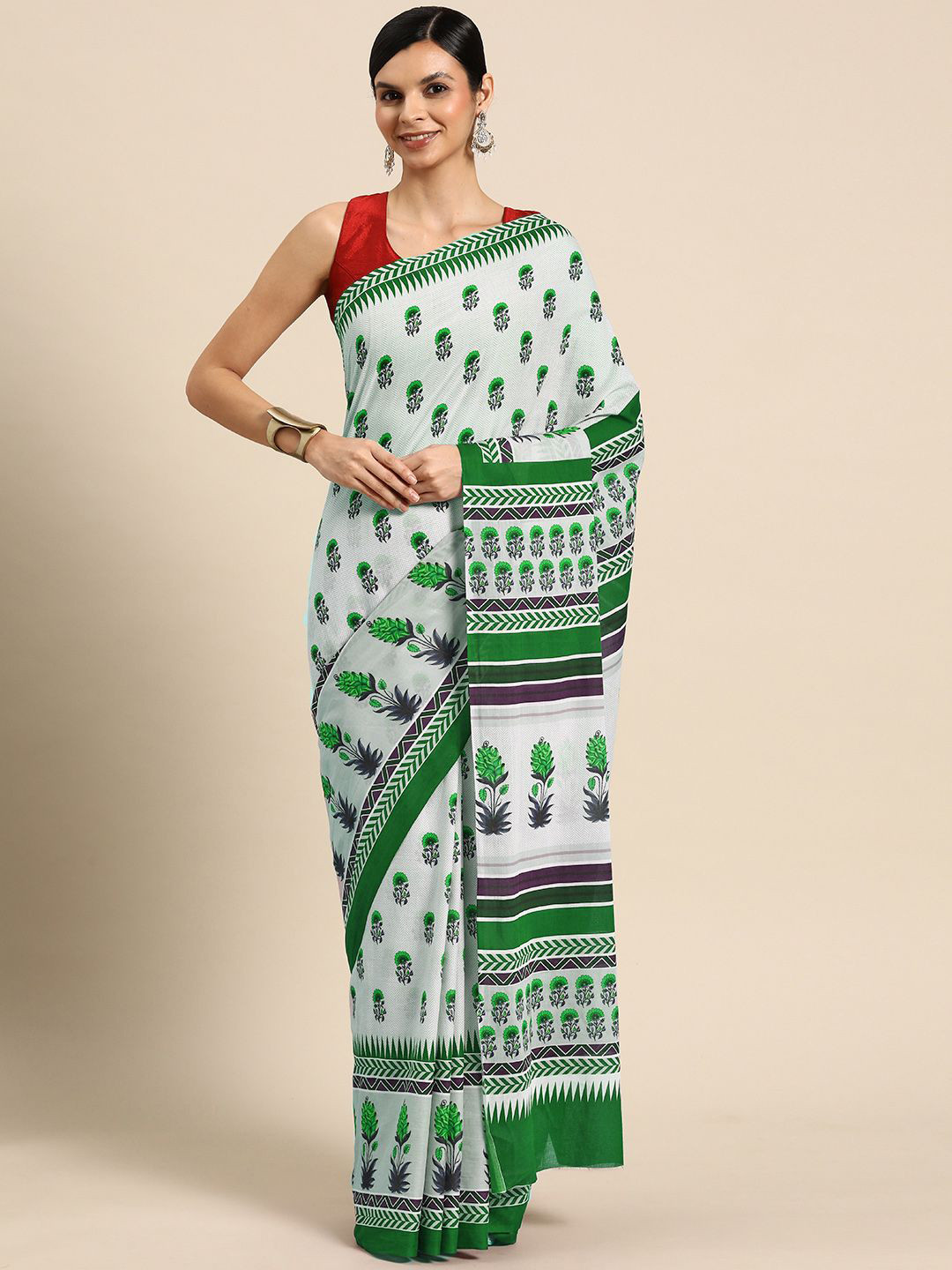 

BUTA BUTI Floral Printed Cotton Saree, Green