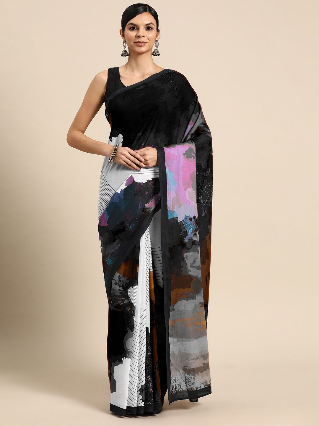 

BUTA BUTI Abstract Printed Cotton Saree, Black