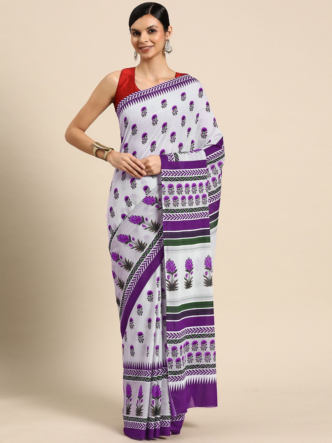 

BUTA BUTI Floral Pure Cotton Printed Saree, Purple