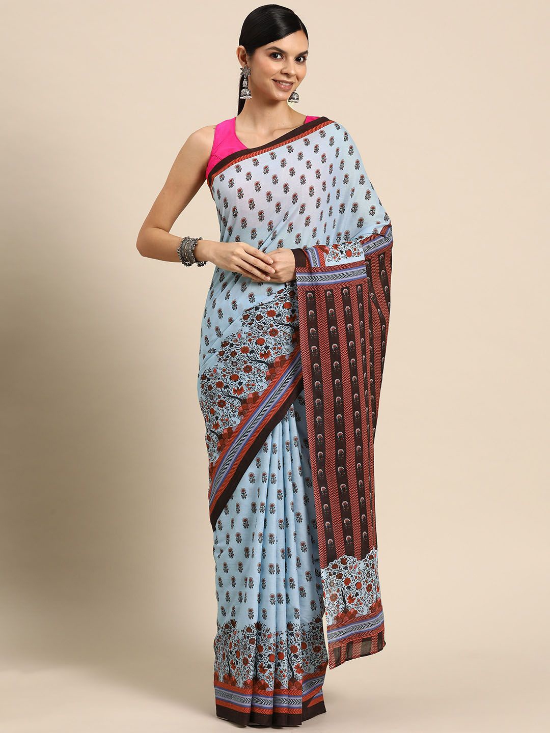 

BUTA BUTI Floral Pure Cotton Saree, Rust