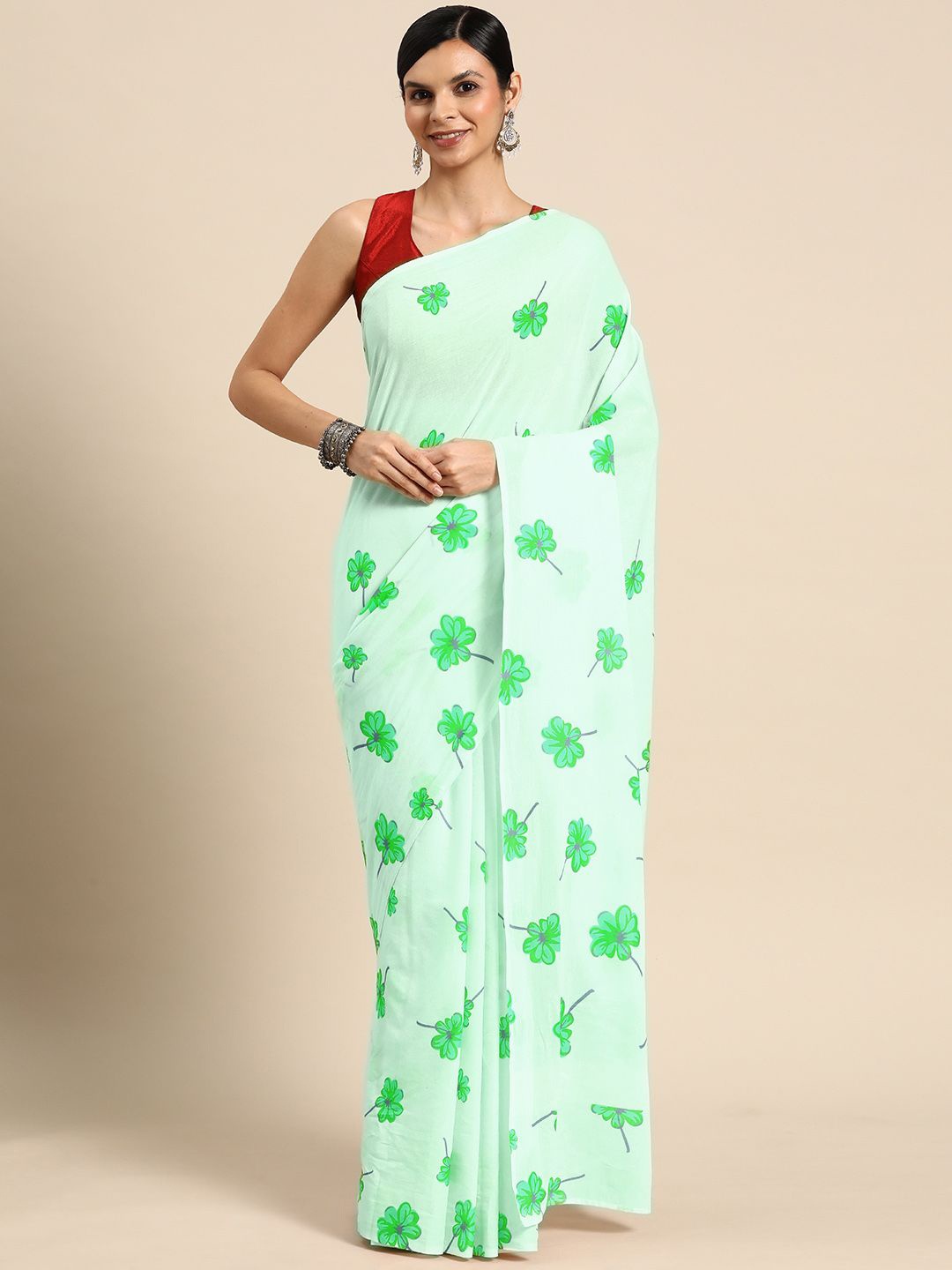 

BUTA BUTI Floral Pure Cotton Saree, Green