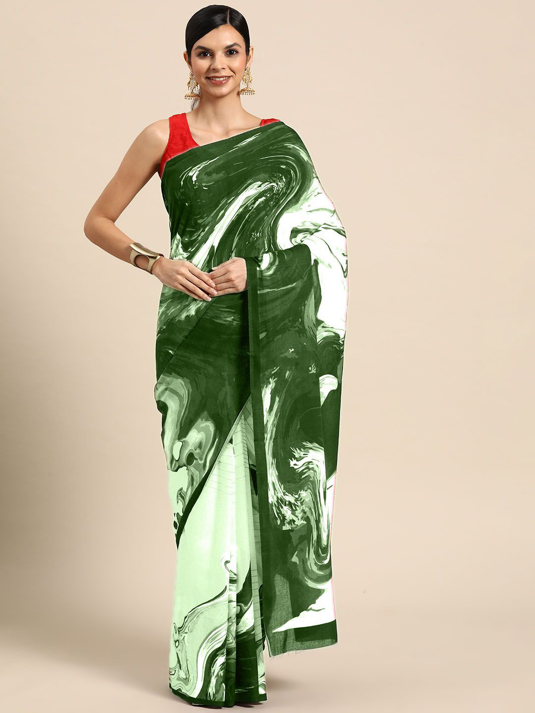 

BUTA BUTI Abstract Printed Cotton Saree, Green