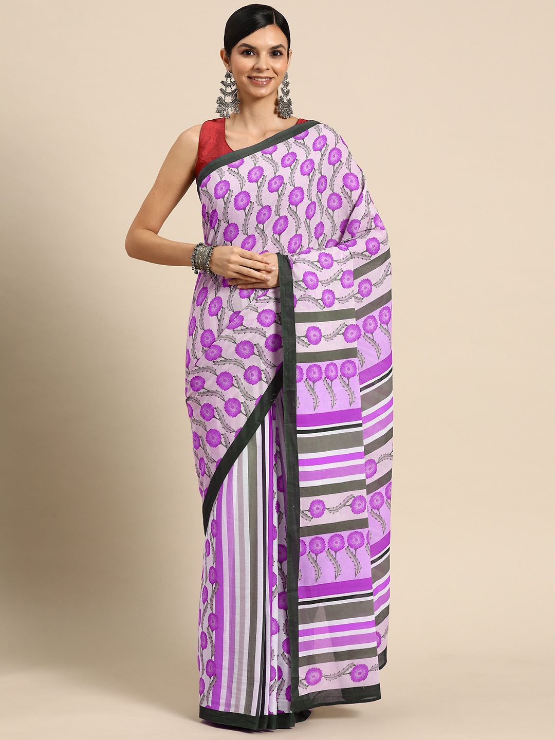 

BUTA BUTI Floral Pure Cotton Saree, Lavender