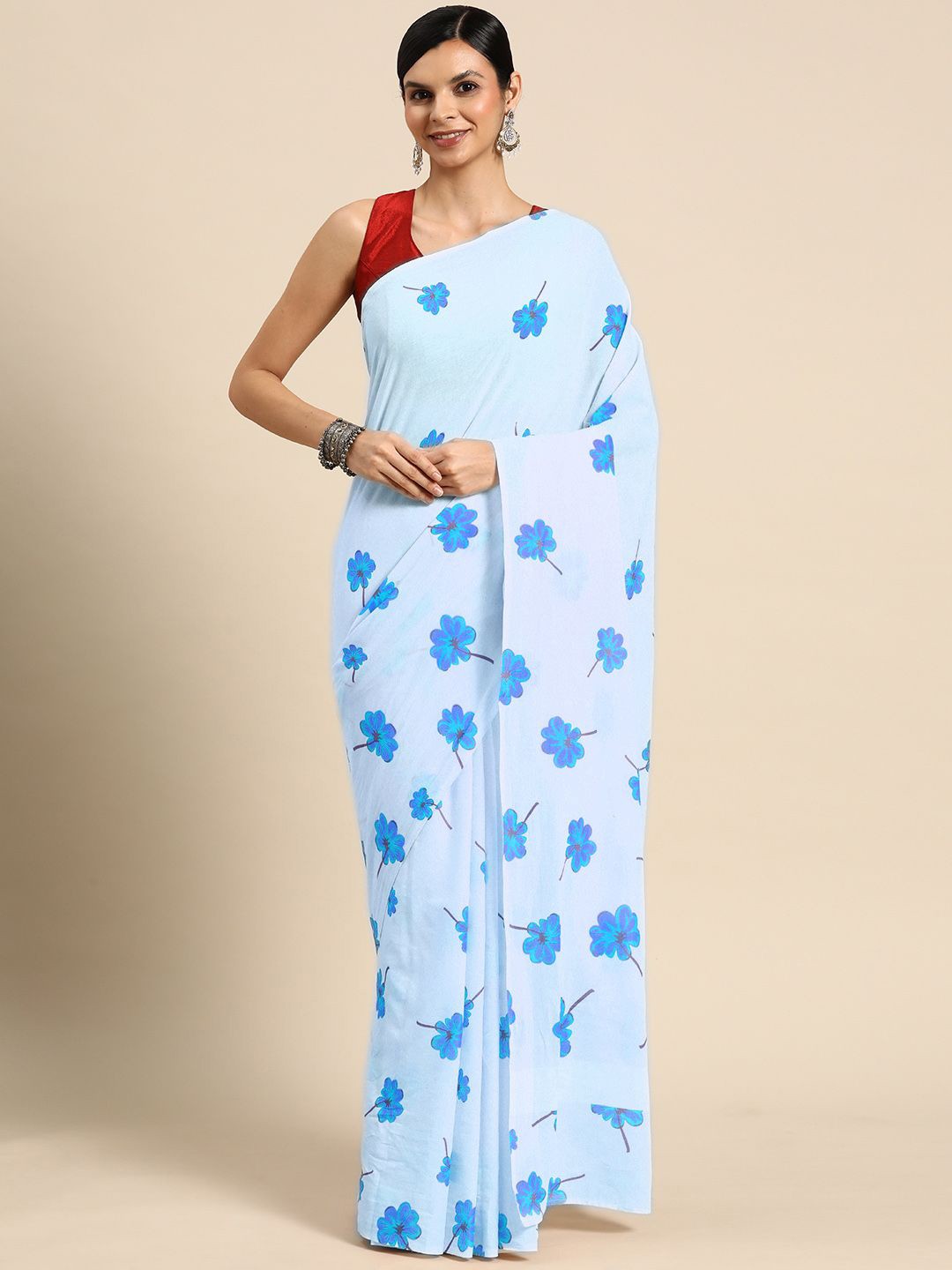 

BUTA BUTI Floral Pure Cotton Saree, Blue