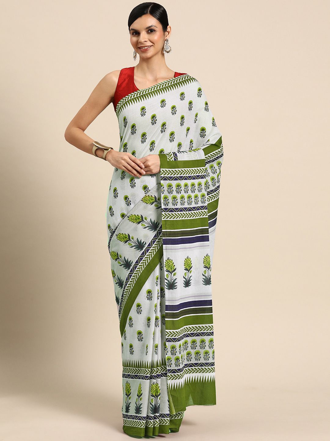 

BUTA BUTI Floral Printed Cotton Saree, Green