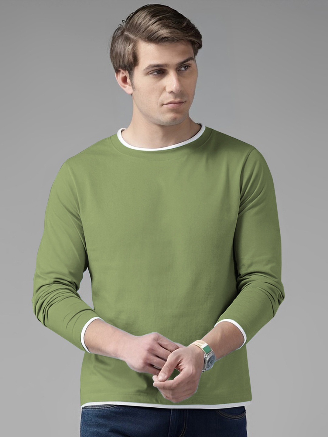 

AUSK Men Solid Round Neck Cotton T-shirt, Green