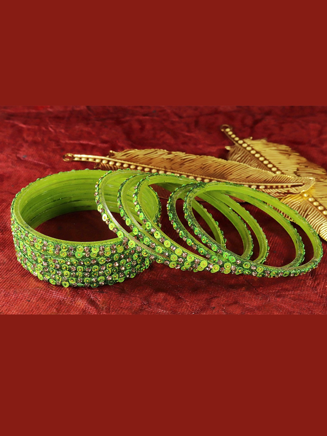 

NMII Set Of 12 Glass Diamond Stones-Studded & Beaded Bangles, Lime green