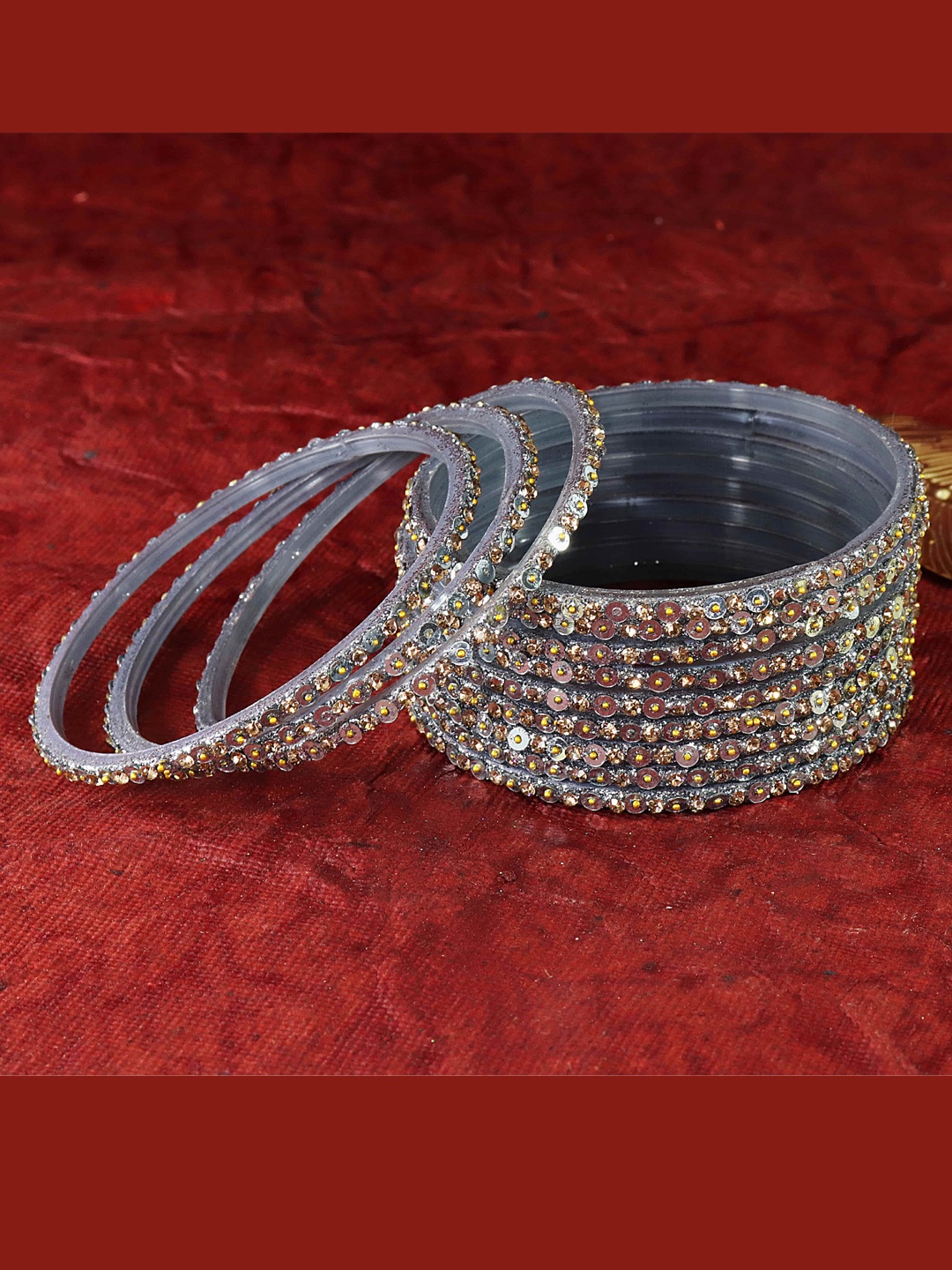 

NMII Set Of 12 Crystals Studded Glass Bangles, Grey