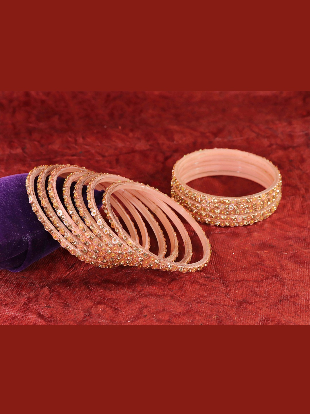 

NMII Set Of 12 Glass Diamond Stones-Studded & Beaded Bangles, Peach