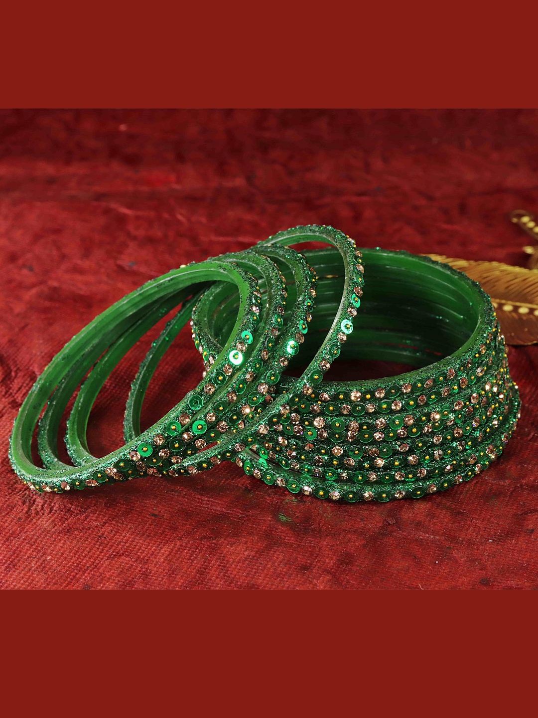 

NMII Set Of 12 Glass Diamond Stones-Studded & Beaded Bangles, Green