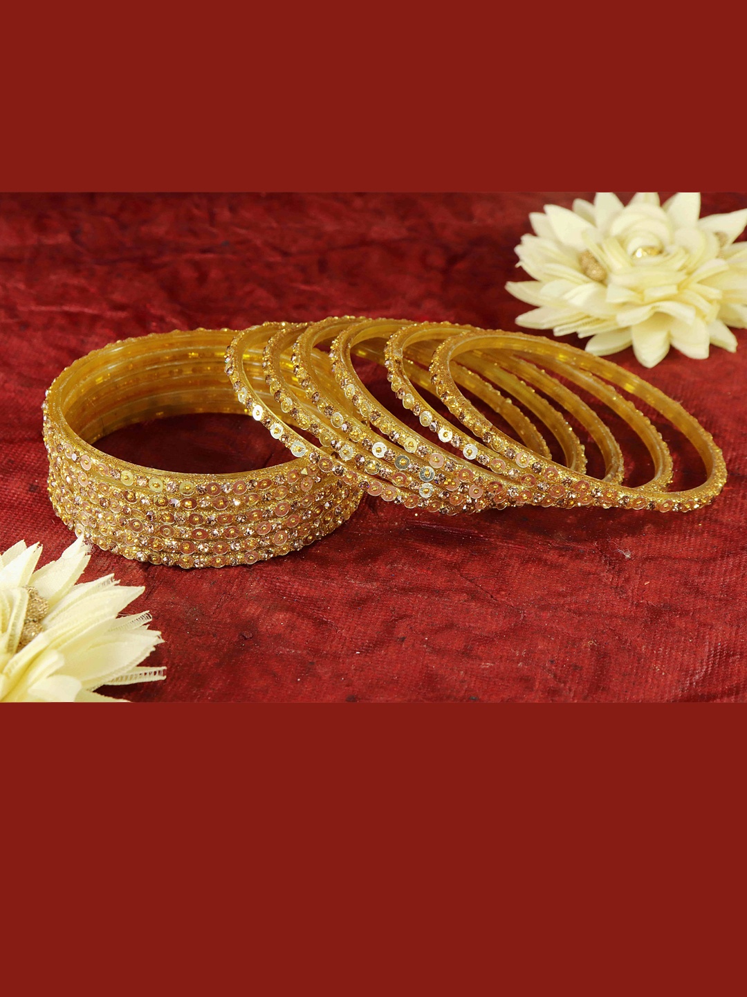 

NMII Set Of 12 Stone Studded & Beaded Glass Bangles, Gold