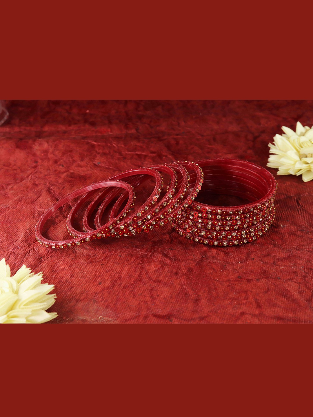 

NMII Set Of 12 Glass Diamond Stones-Studded & Beaded Bangles, Red