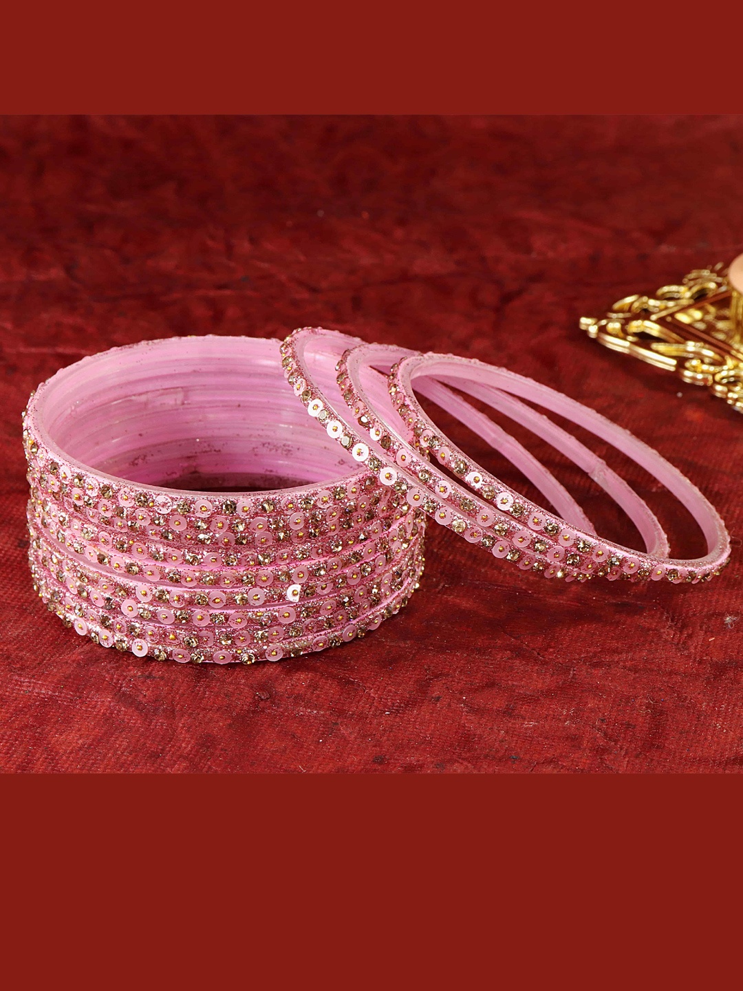 

NMII Set Of 12 Glass Diamond Stones-Studded & Beaded Bangles, Pink