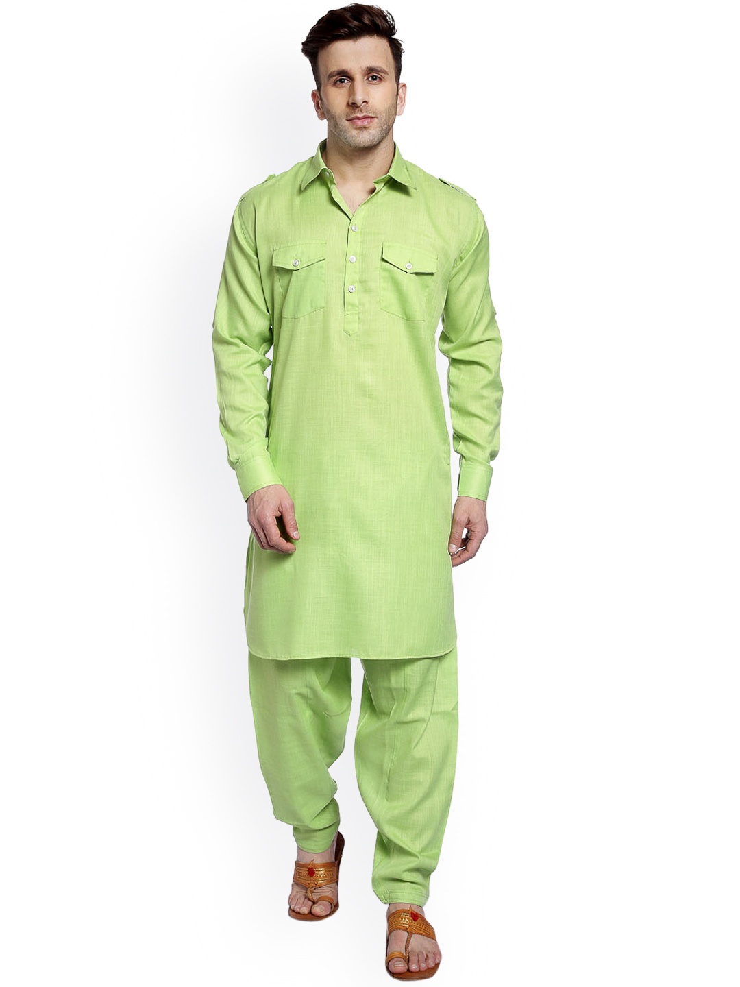 

Hangup Men Green Solid Straight Kurta