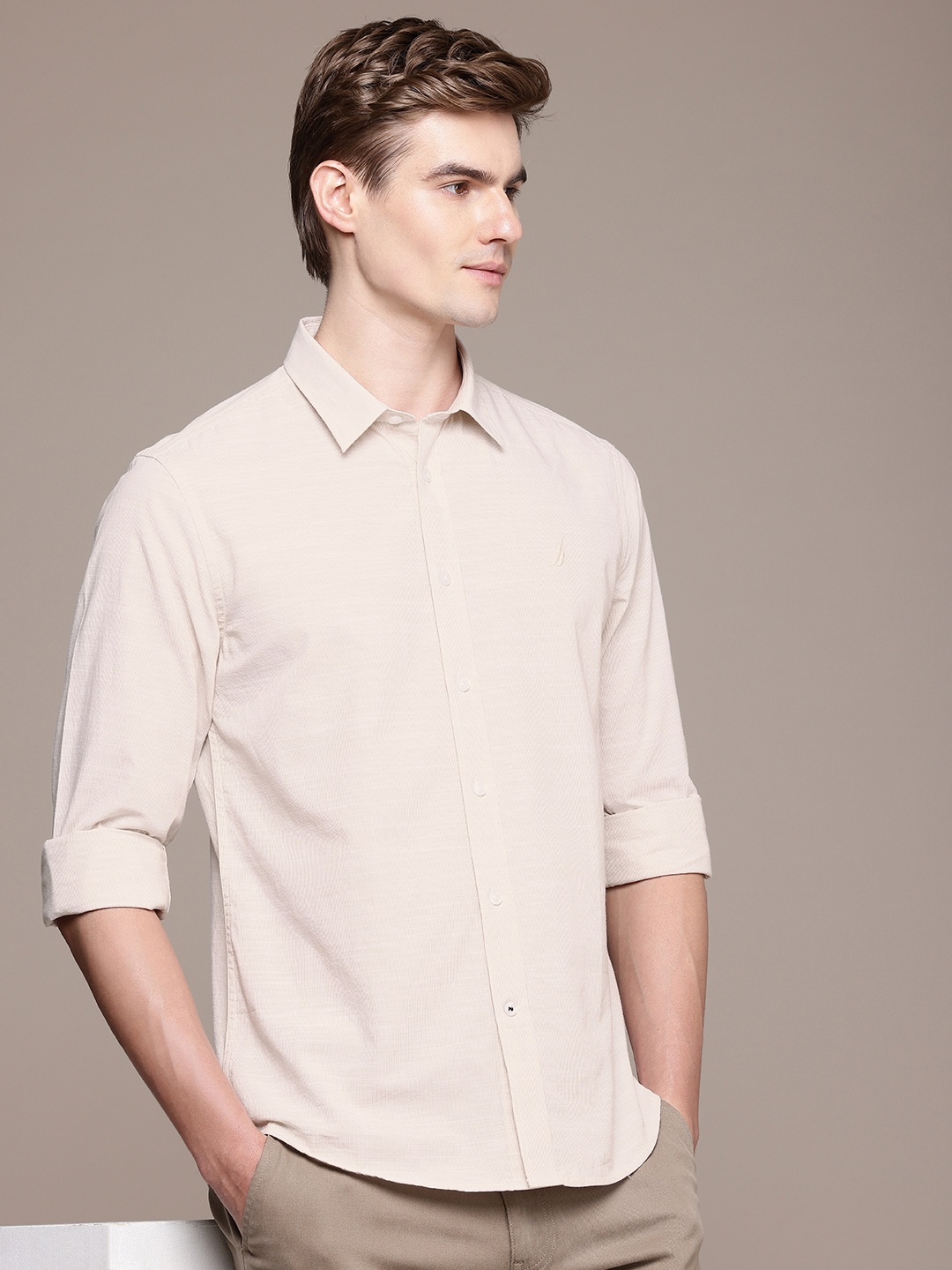 

Nautica Men Smart Slim Fit Pure Cotton Casual Shirt, Beige