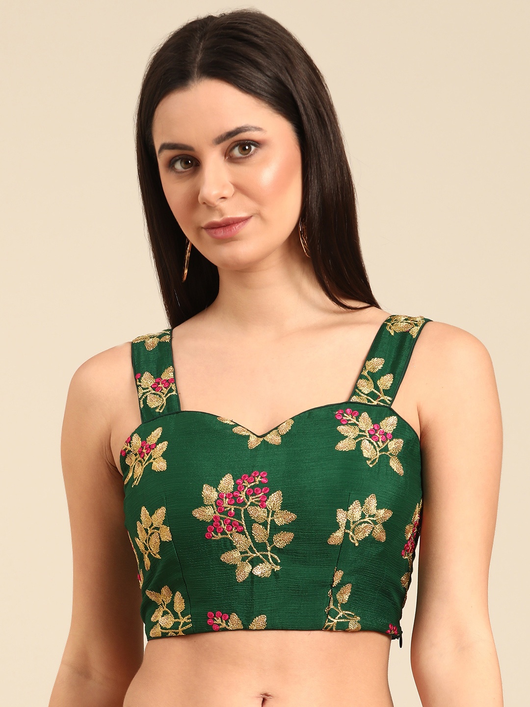 

Ethnovog Floral Embroidered Sweetheart Neck Zari Saree Blouse, Green