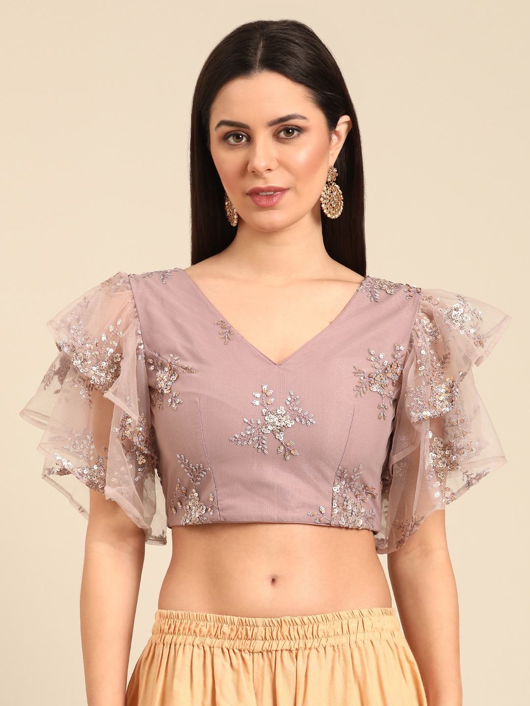 

Ethnovog Embroidered Ruffle Sleeve Ready To Wear Blouse, Mauve