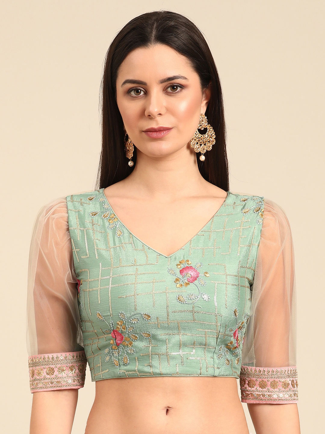 

Ethnovog Embroidered Sequinned Georgette Saree Blouse, Sea green