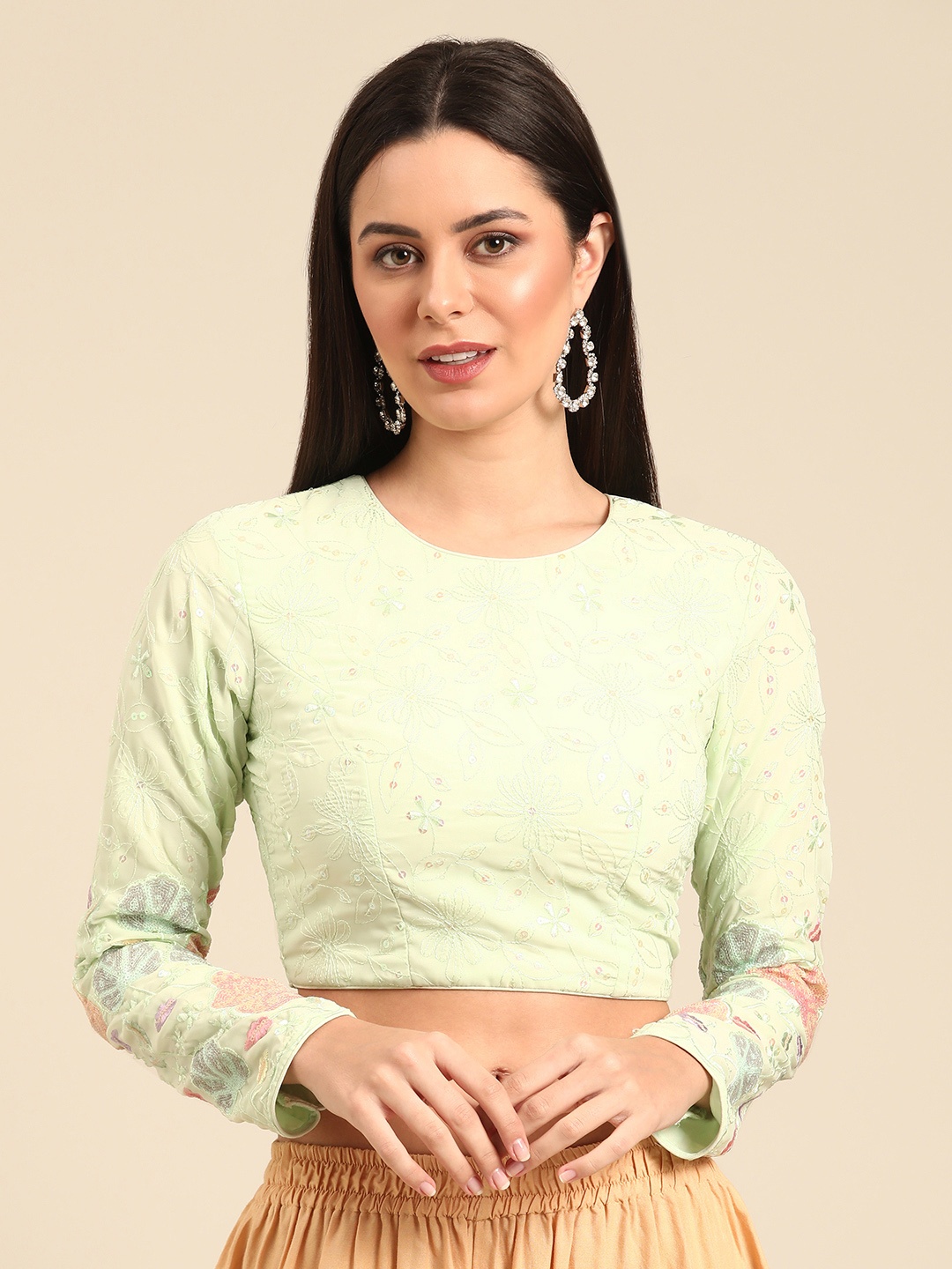 

Ethnovog Embroidered Georgette Ready To Wear Blouse, Green