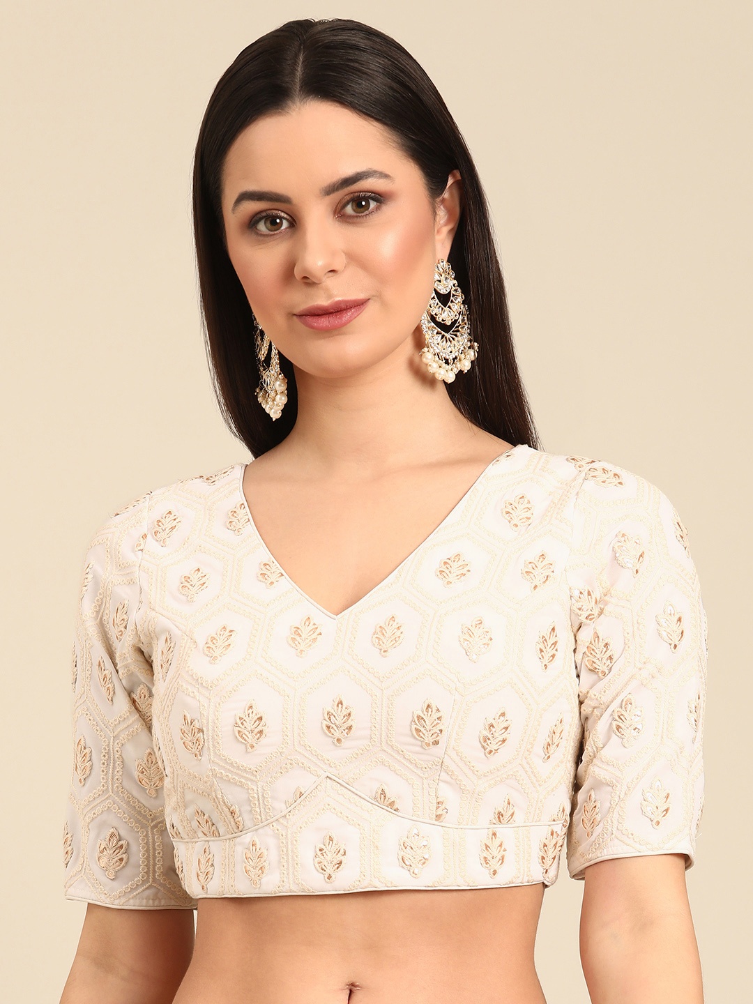 

Ethnovog Embroidered Georgette Ready To Wear Blouse, Off white