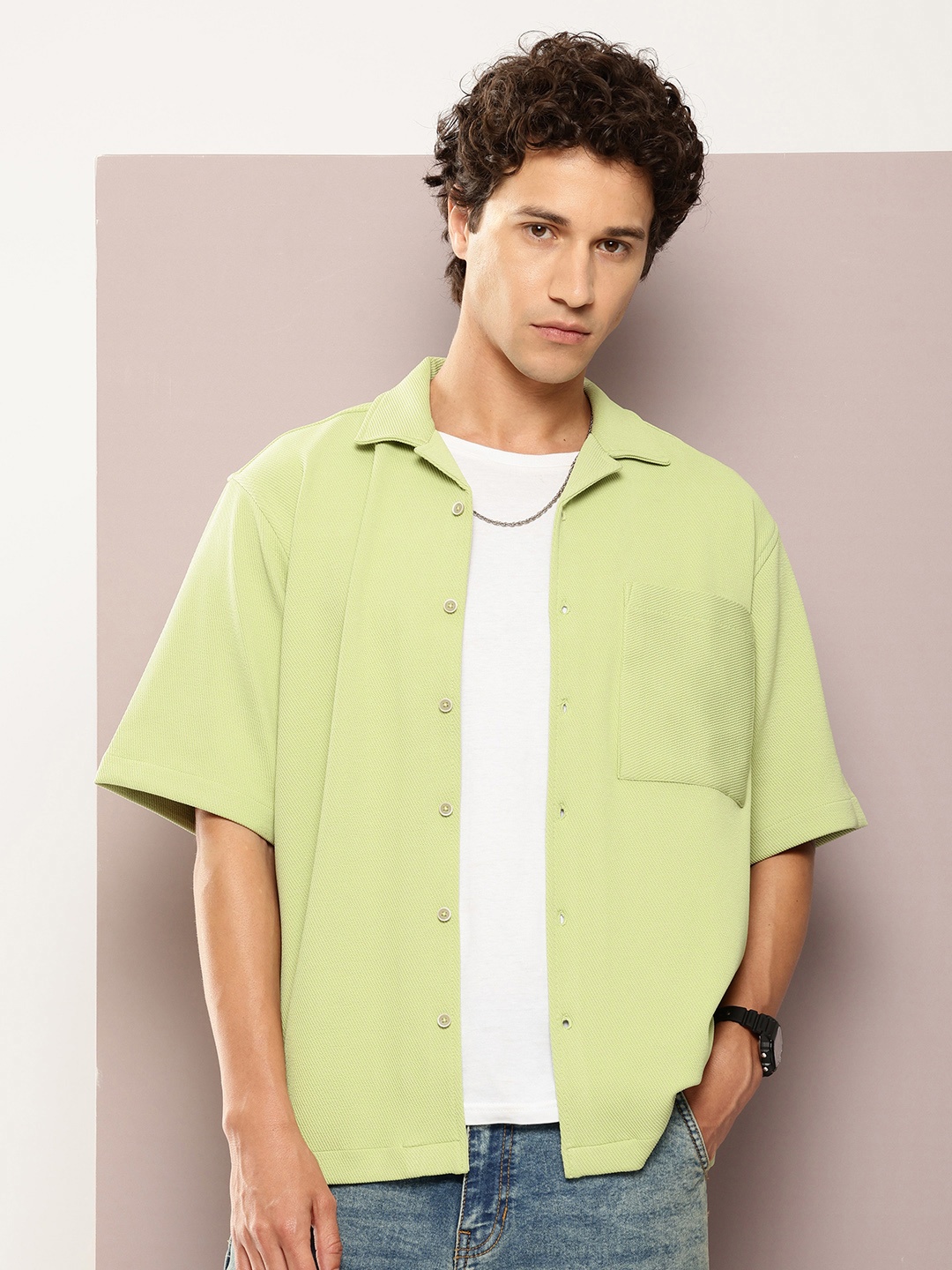 

Kook N Keech Men Premium Cuban Collar Relaxed Fit Casual Shirt, Lime green