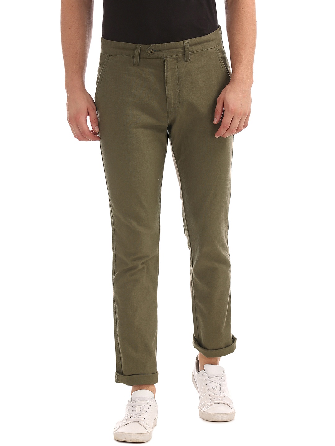 

Ruggers Men Olive Green Skinny Fit Solid Regular Trousers